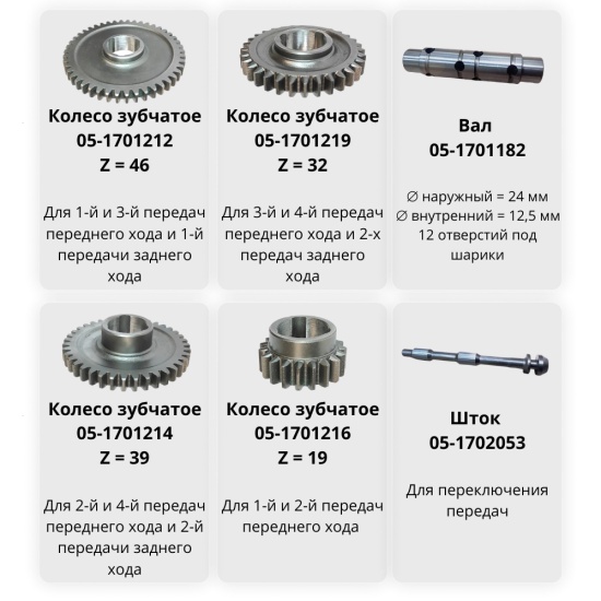Большое фото товара - Комплект коробки передач для мотоблока МТЗ (шток,вал,шарики 12шт, 4 шт. шестерни), 6410. Вариант №4